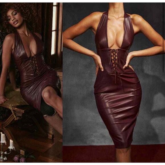 House of CB JAQUETTA Wine Vegan Leather MINI Dress Small - Picture 1 of 12
